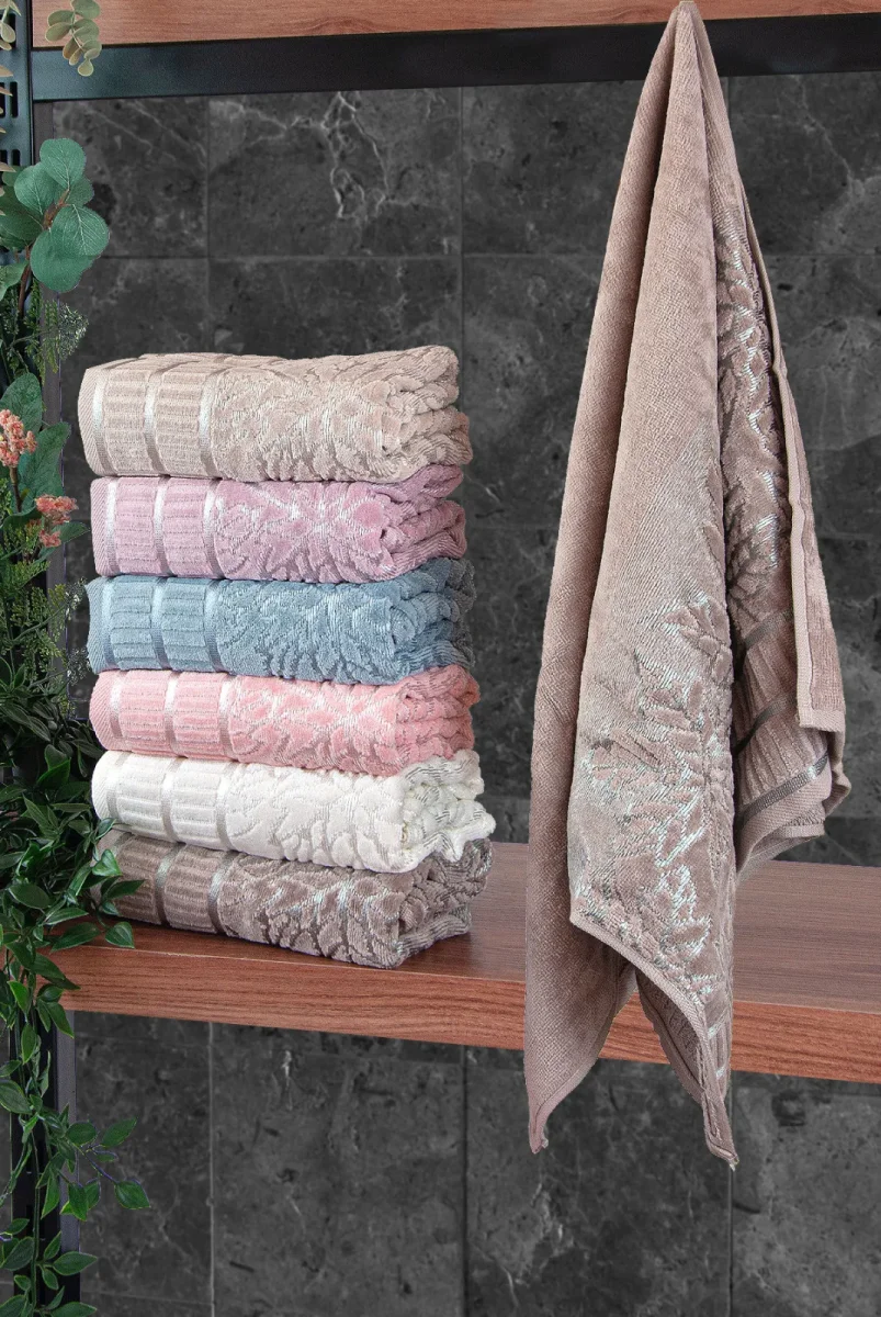 Çınar Jakarlı 6’lı Kadife Pamuklu El ve Yüz Havlu Seti 50x90 cm - 04557 - Karışık Renkli - 1
