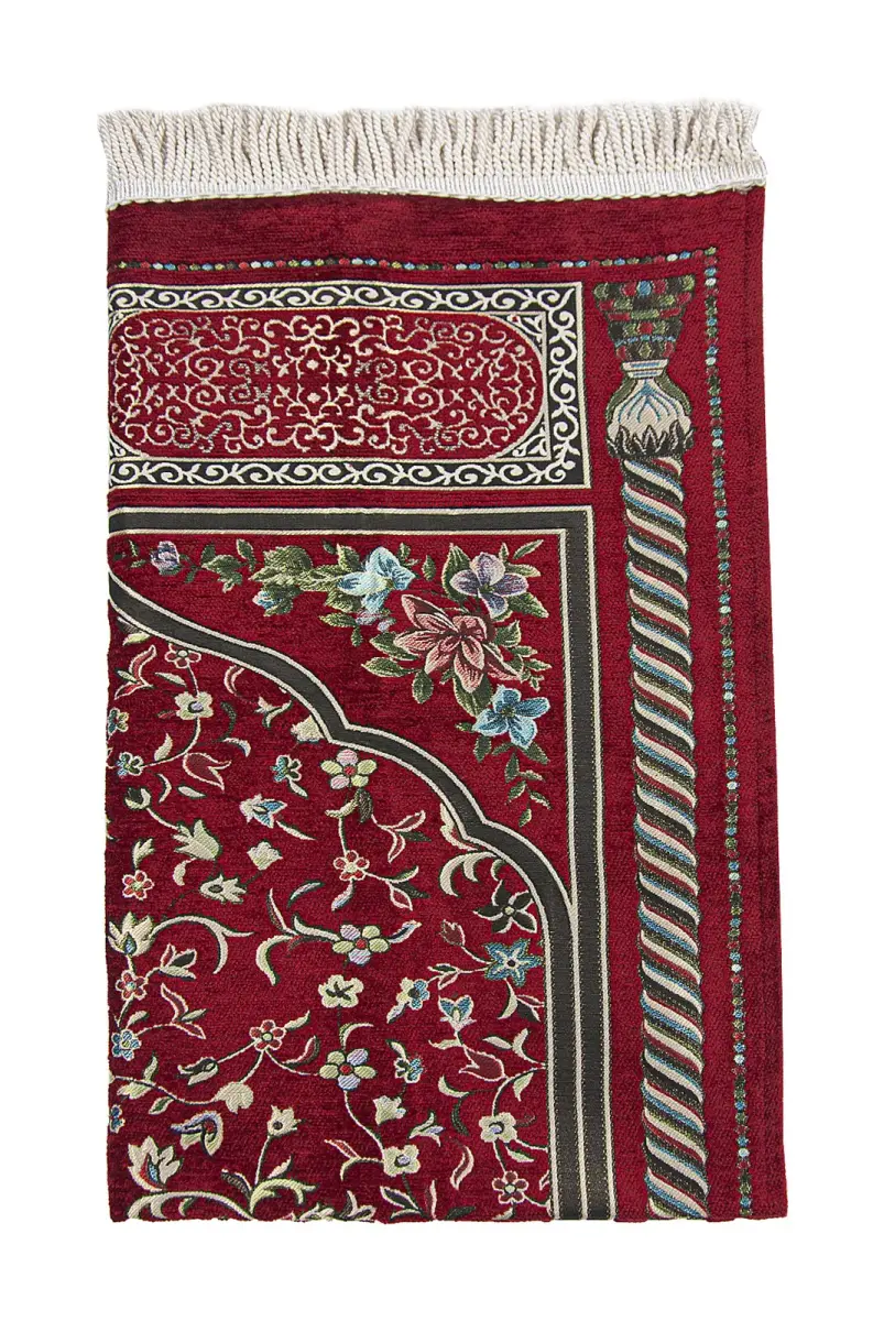 Claret Red Floral Ravza Patterned Lined Chenille Prayer Rug - 3