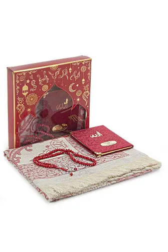 Claret Red Mevlüt Gift Velvet Covered Yasin Book Prayer Beads Dowry Prayer Rug Set - 8