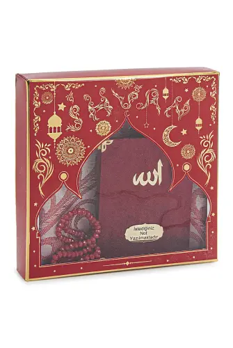 Claret Red Mevlüt Gift Velvet Covered Yasin Book Prayer Beads Dowry Prayer Rug Set - 1