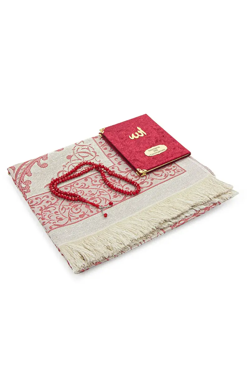 Claret Red Mevlüt Gift Velvet Covered Yasin Book Prayer Beads Dowry Prayer Rug Set - 2
