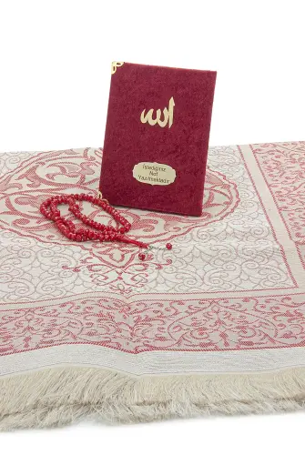 Claret Red Mevlüt Gift Velvet Covered Yasin Book Prayer Beads Dowry Prayer Rug Set - 3