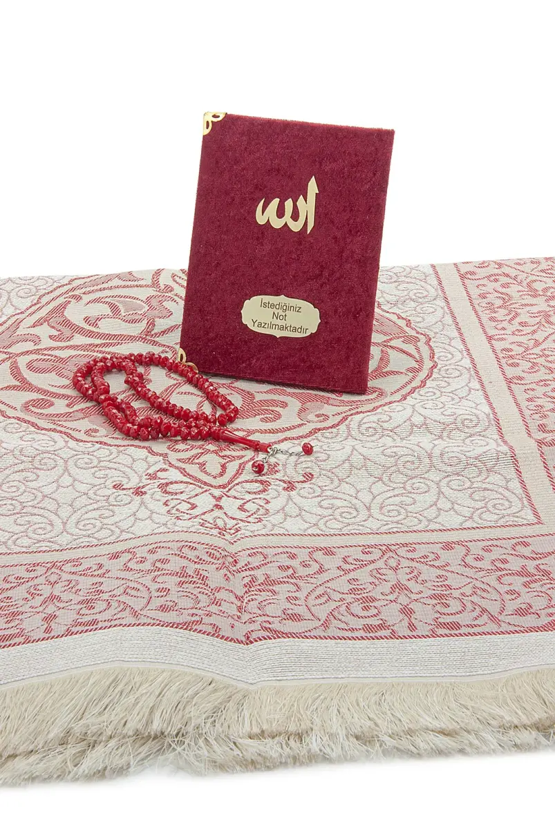 Claret Red Mevlüt Gift Velvet Covered Yasin Book Prayer Beads Dowry Prayer Rug Set - 3