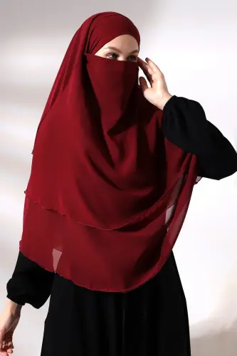 Claret Red Three Layer Veiled Short Chiffon Hijab Soufflé Scarf - ihvanonline (1)