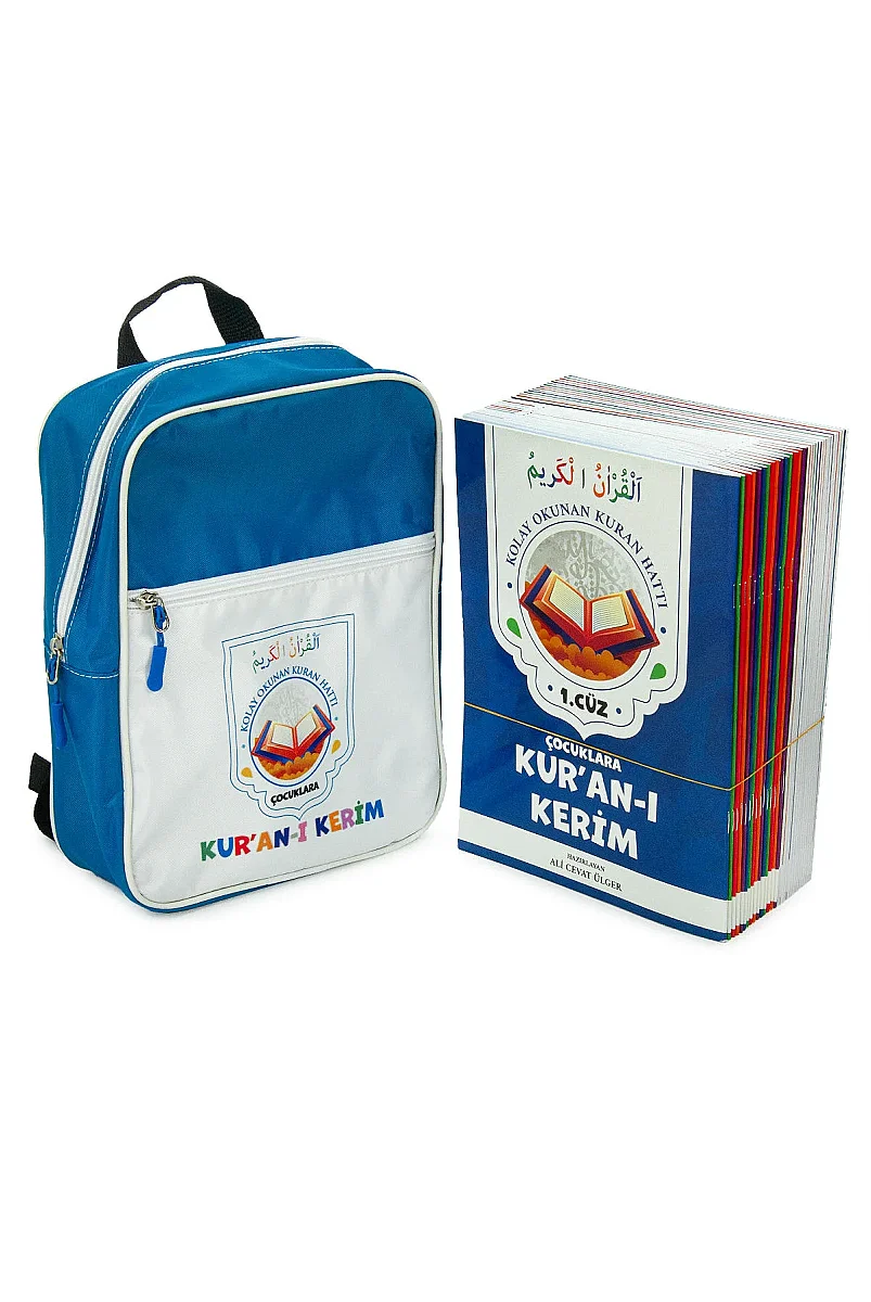 Çocuklara Kuranı Kerim 30 Cüz Set Çantalı – Kolay Okunan Renkli Elifba Hatlı - Mavi - 1