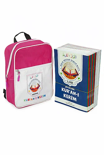 Çocuklara Kuranı Kerim 30 Cüz Set Çantalı – Kolay Okunan Renkli Elifba Hatlı - Pembe 