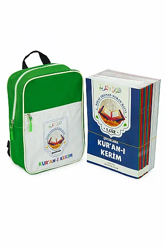 Çocuklara Kuranı Kerim 30 Cüz Set Çantalı – Kolay Okunan Renkli Elifba Hatlı - Yeşil - 1