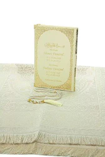 Cream 50 Name Printed Leather Bound Medium Size Yasin Book Prayer Mat Set Mevlit Gift - 4