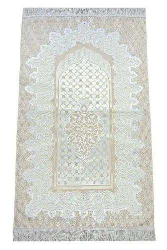 Cream Color Mihrab Lined Shiny Prayer Rug - 1