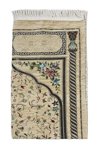 Cream Floral Ravza Patterned Lined Chenille Prayer Rug - 3