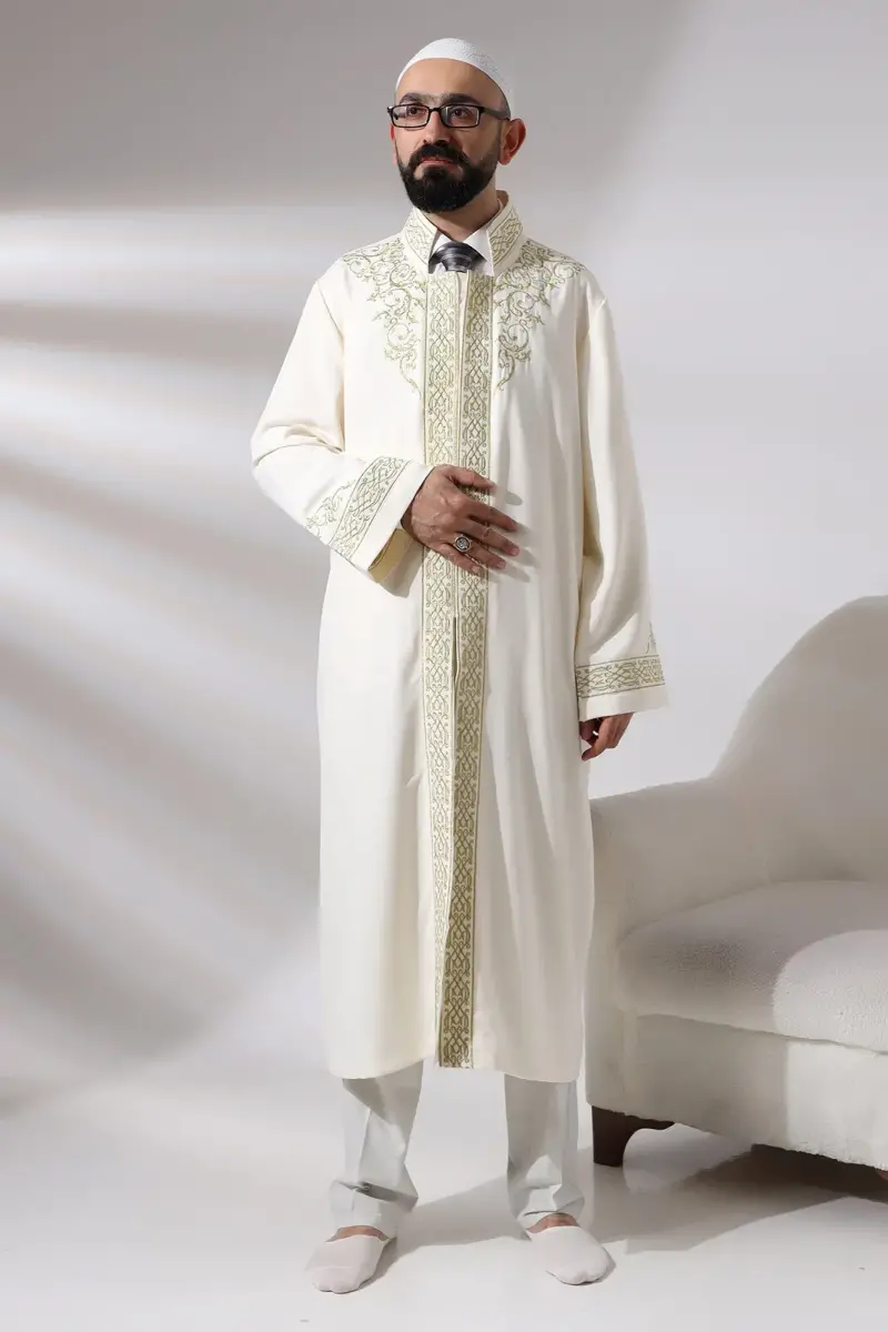 Cream Judge Collar Men's Prayer Robe Stripe Embroidery Imam Robe - 1