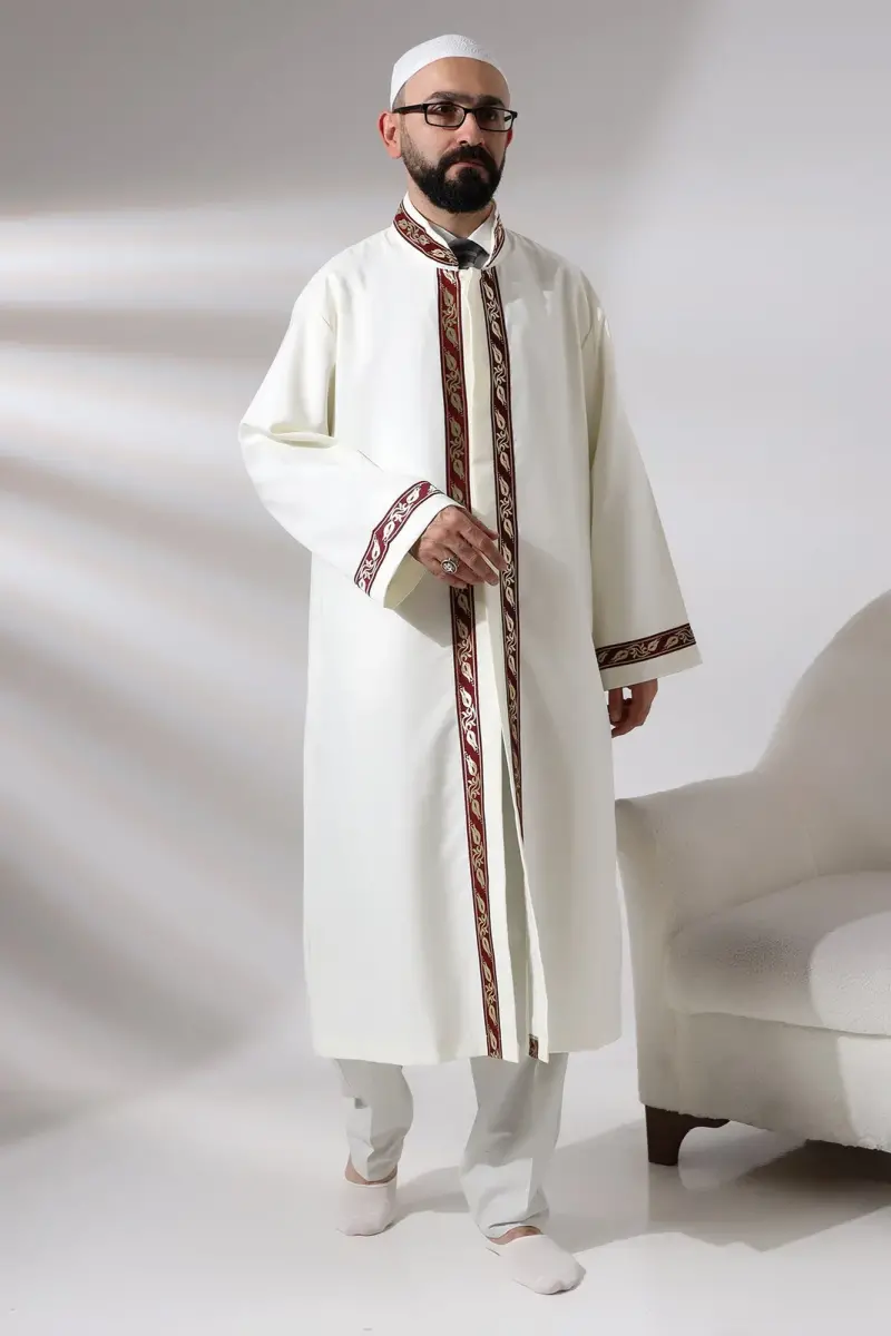 Cream Men's Prayer Dress Claret Red Pattern Embroidered Judge Collar Imam Robe - 2