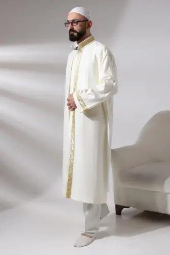 Cream Men's Prayer Dress Rose Pattern Embroidered Judge Collar Imam Robe - ihvanonline (1)