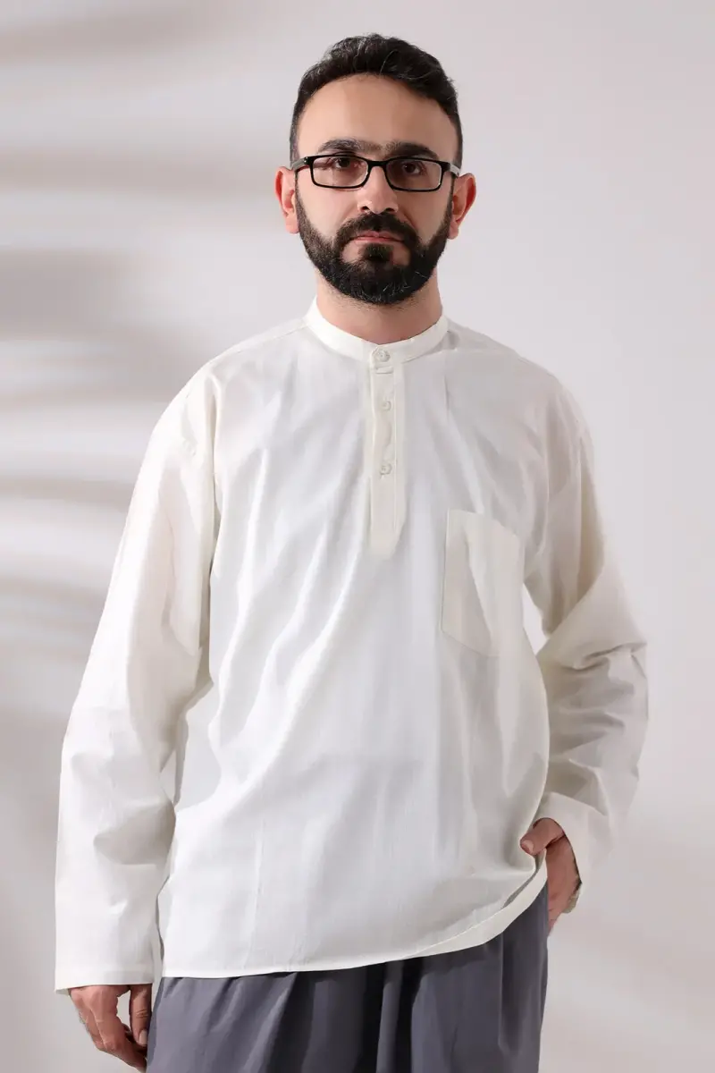 Cream Men's Relaxed Cut 3 Button Judge Collar Hajj and Umrah Linen Shirt - 1
