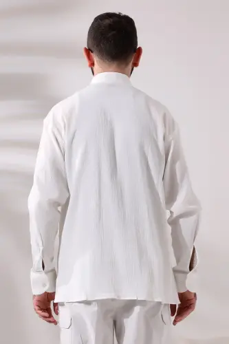 Cream Men's Relaxed Cut Collar Şile Cloth Hajj and Umrah Shirt - ihvanonline (1)