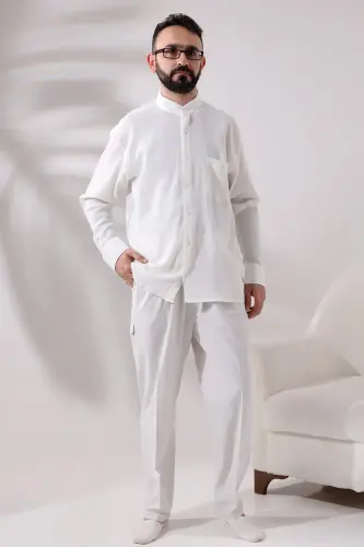 Cream Men's Relaxed Cut Collar Şile Cloth Hajj and Umrah Shirt - 4