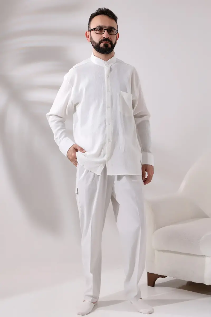 Cream Men's Relaxed Cut Collar Şile Cloth Hajj and Umrah Shirt - 4