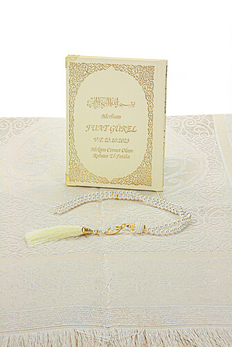 Cream Name Printed Leather Bound Bag Size Yasin Book Prayer Mat Set Mevlit Gift - 4