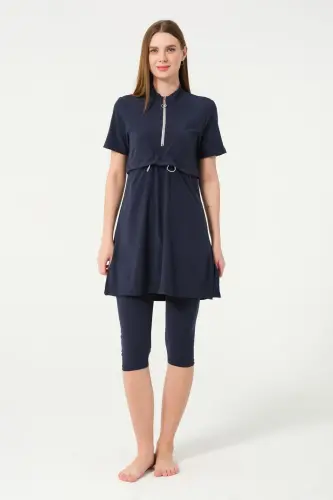 Crop Detaylı Fermuar Yakalı Yarı Kapalı Havuz Mayo 3410-25 Koyu Lacivert - 1