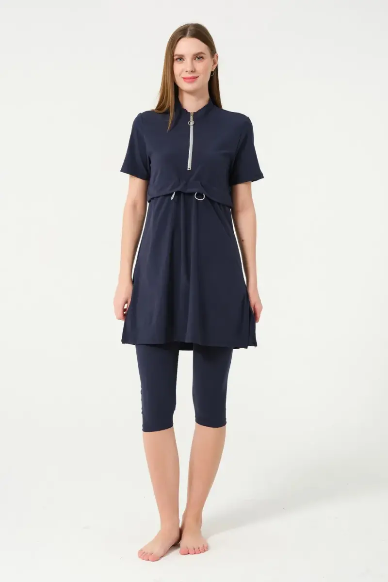 Crop Detaylı Fermuar Yakalı Yarı Kapalı Havuz Mayo 3410-25 Koyu Lacivert - 1