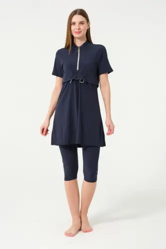 Crop Detaylı Fermuar Yakalı Yarı Kapalı Havuz Mayo 3410-25 Koyu Lacivert - Tesmay (1)