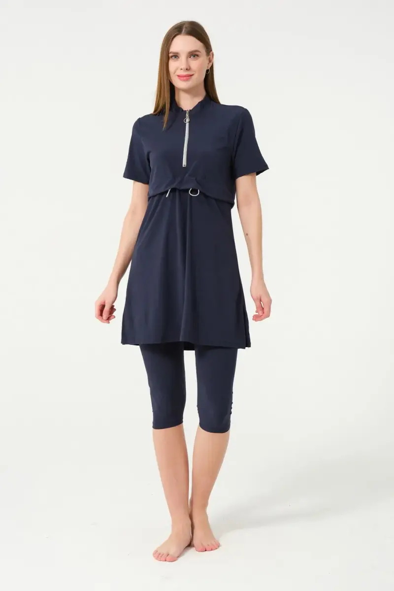 Crop Detaylı Fermuar Yakalı Yarı Kapalı Havuz Mayo 3410-25 Koyu Lacivert - 2