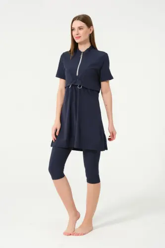 Crop Detaylı Fermuar Yakalı Yarı Kapalı Havuz Mayo 3410-25 Koyu Lacivert - 3