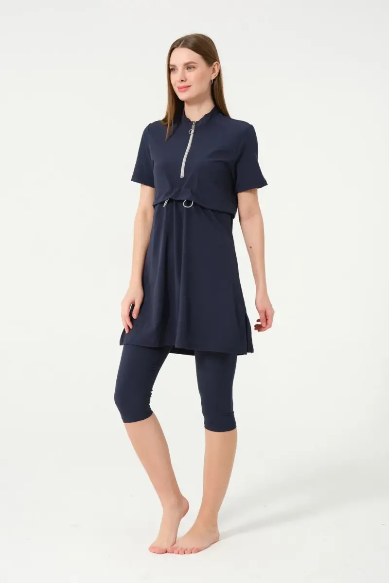 Crop Detaylı Fermuar Yakalı Yarı Kapalı Havuz Mayo 3410-25 Koyu Lacivert - 3