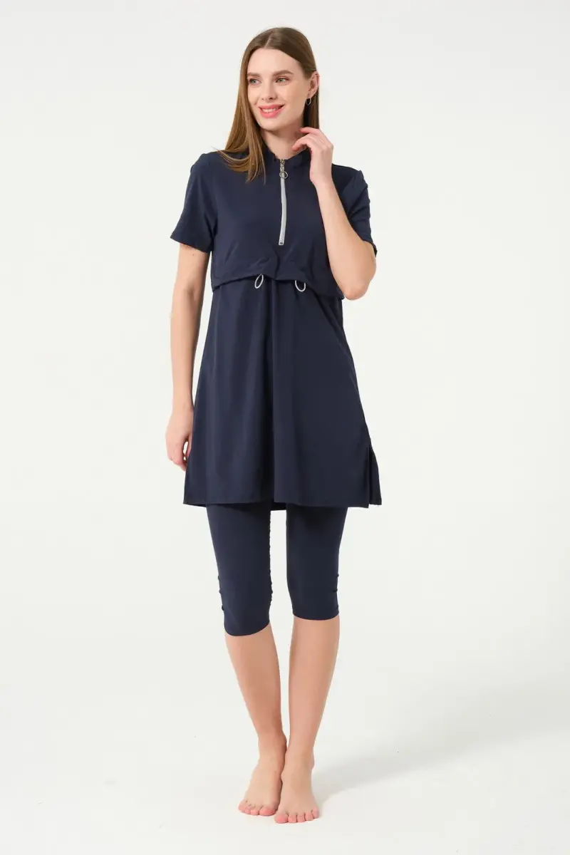 Crop Detaylı Fermuar Yakalı Yarı Kapalı Havuz Mayo 3410-25 Koyu Lacivert - 4