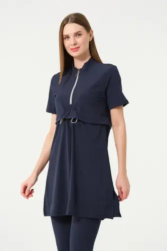 Crop Detaylı Fermuar Yakalı Yarı Kapalı Havuz Mayo 3410-25 Koyu Lacivert - 6