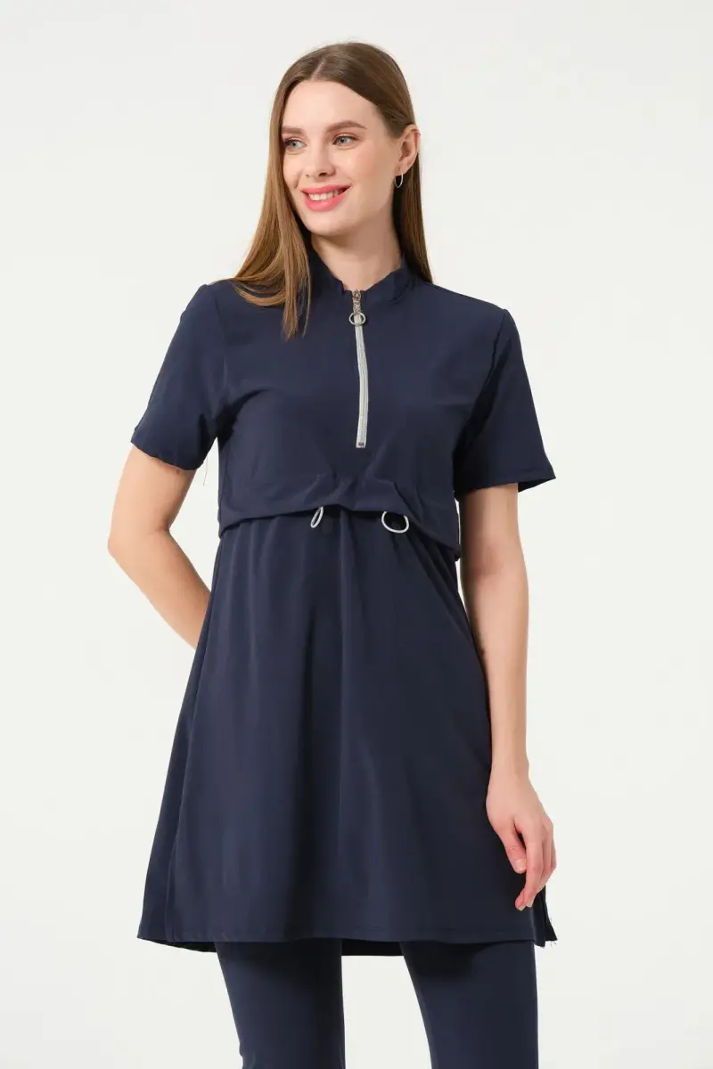 Crop Detaylı Fermuar Yakalı Yarı Kapalı Havuz Mayo 3410-25 Koyu Lacivert - 7