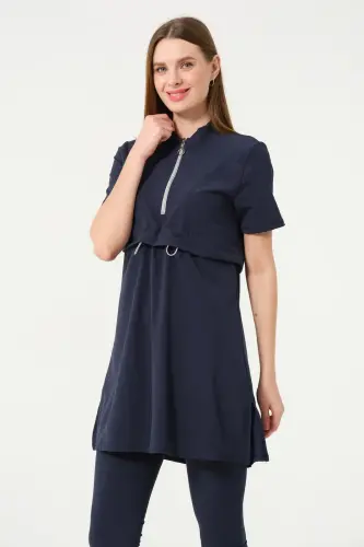 Crop Detaylı Fermuar Yakalı Yarı Kapalı Havuz Mayo 3410-25 Koyu Lacivert - 8