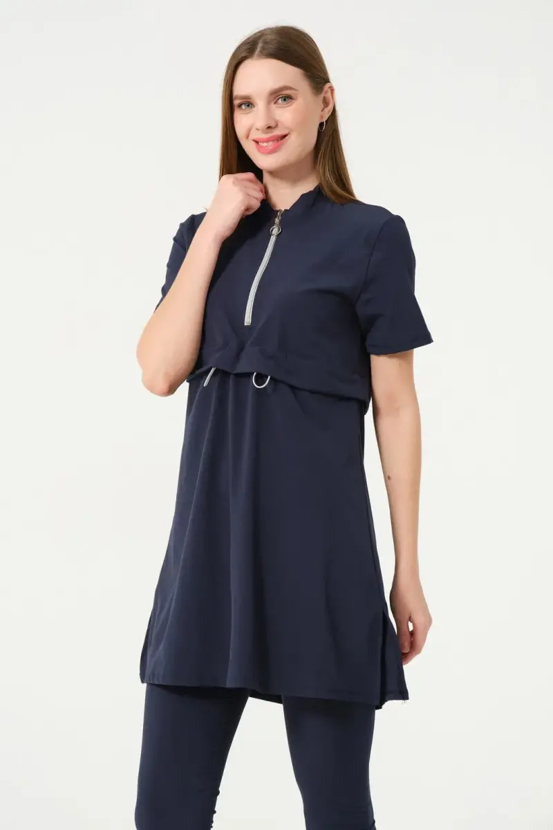 Crop Detaylı Fermuar Yakalı Yarı Kapalı Havuz Mayo 3410-25 Koyu Lacivert - 8