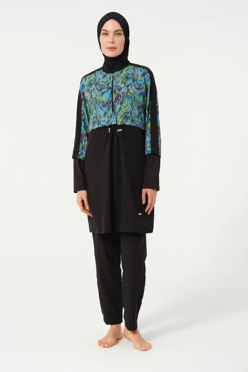 Crop Detaylı Sporcu Tam Kapalı Tesettür Mayo 3011-25 Siyah - 1