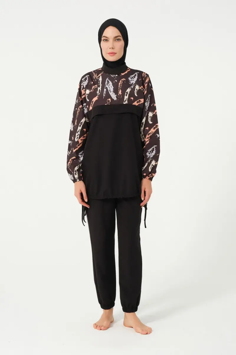 Crop Detaylı Sporcu Tam Kapalı Tesettür Mayo 3013-25 Siyah - 1