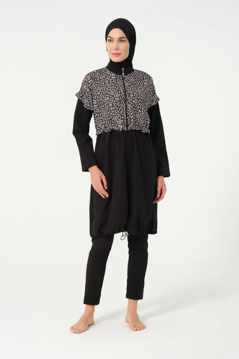 Crop Detaylı Sporcu Tam Kapalı Tesettür Mayo 3015-25 Siyah - 2