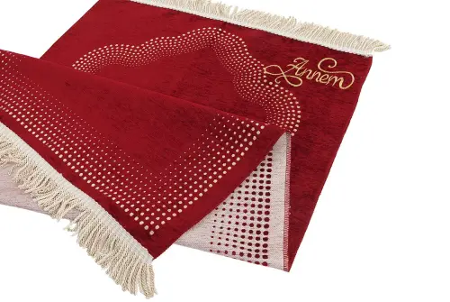Custom Name Embroidered Mihrab Pattern Plain Chenille Prayer Rug Claret Red - İhvan (1)