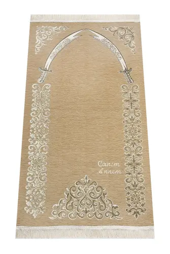 Custom Name Embroidered Zülfikar Patterned Ultra Plus Chenille Prayer Rug Gold Color - 1