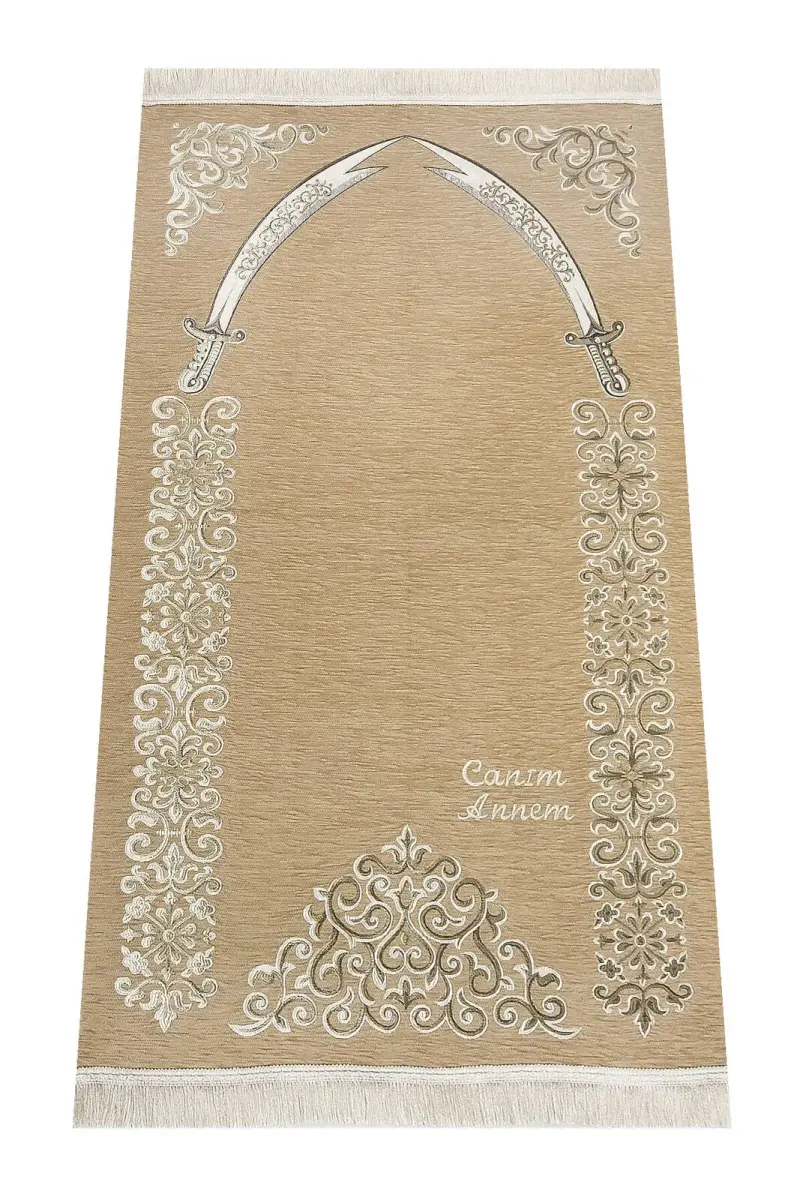Custom Name Embroidered Zülfikar Patterned Ultra Plus Chenille Prayer Rug Gold Color - 1