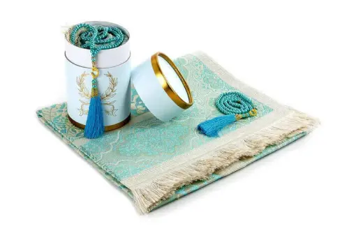 Cylinder Box Blue, Prayer Rug, Pearl Rosary Gift Set - İhvan (1)