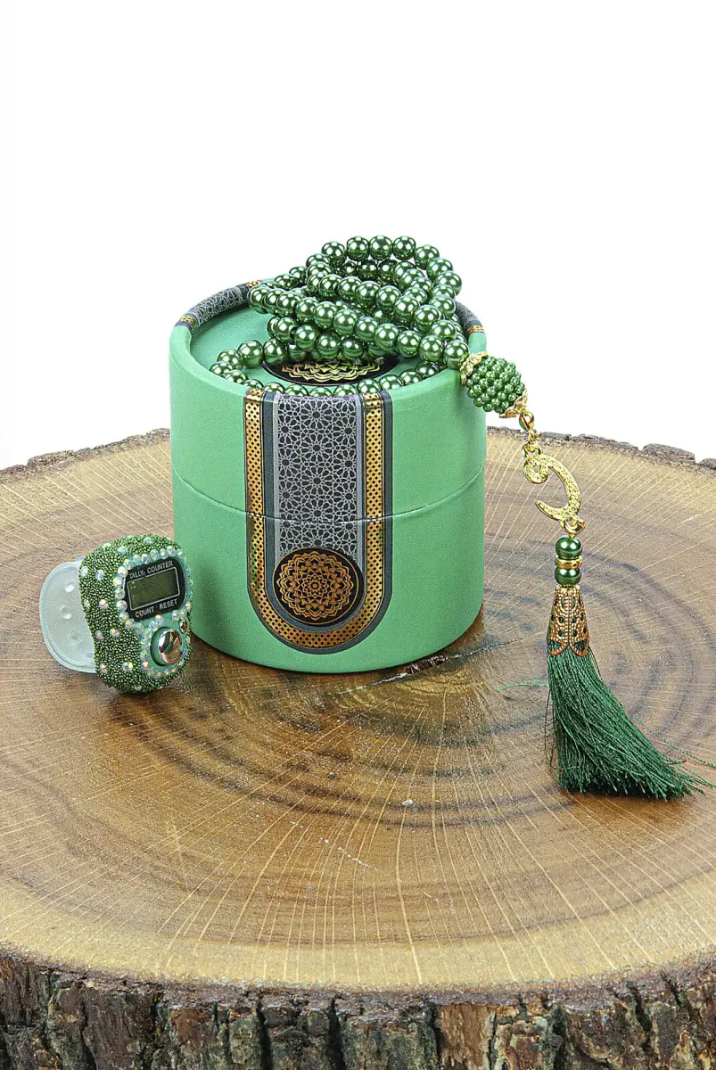 Cylinder Boxed Pearl Rosary and Stone Zikirmatik Mevlüt Gift Set Green - 1