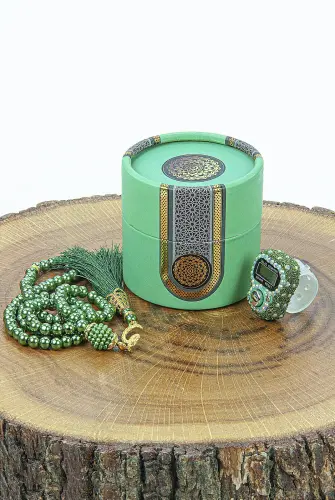 Cylinder Boxed Pearl Rosary and Stone Zikirmatik Mevlüt Gift Set Green - ihvanonline (1)
