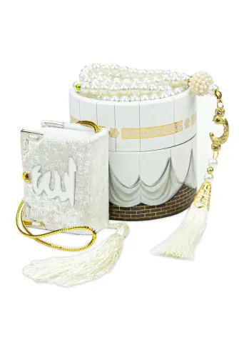 Cylinder Kaaba Mini Velvet Covered Quran White Pearl Rosary Set - ihvanonline (1)
