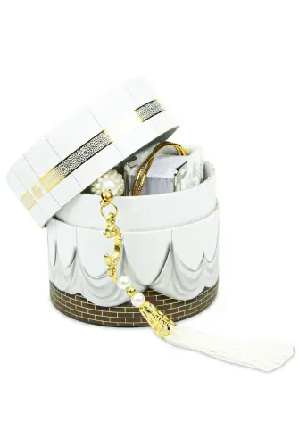 Cylinder Kaaba Mini Velvet Covered Quran White Pearl Rosary Set - 3