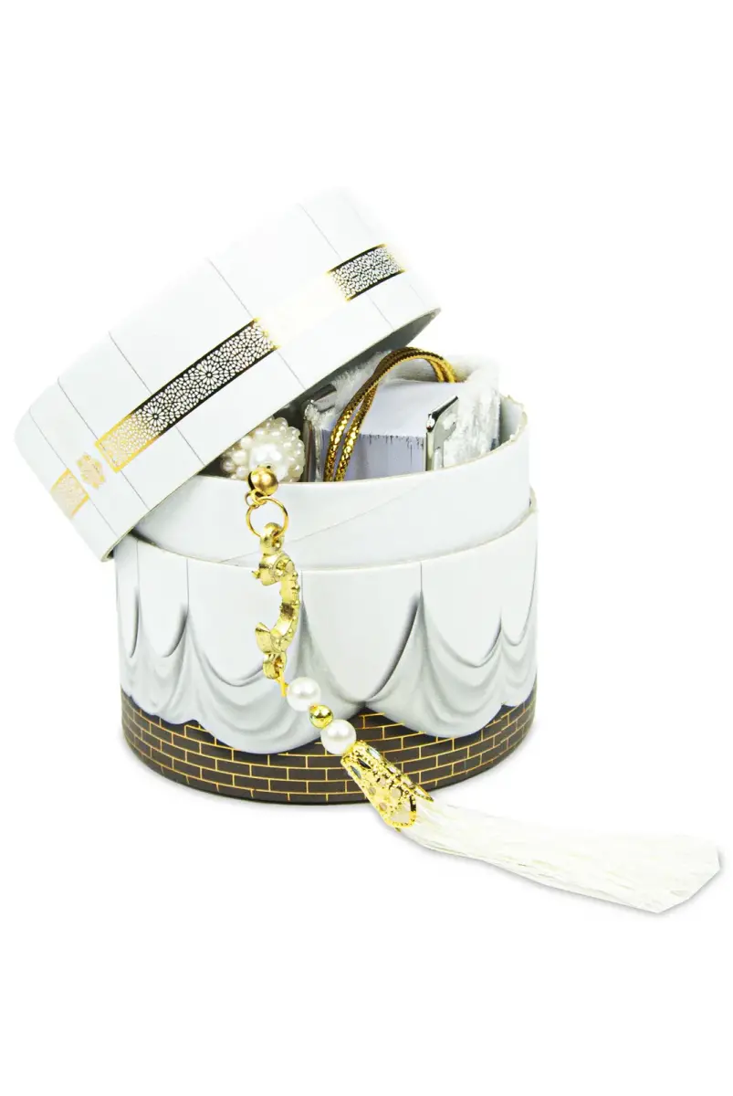 Cylinder Kaaba Mini Velvet Covered Quran White Pearl Rosary Set - 3