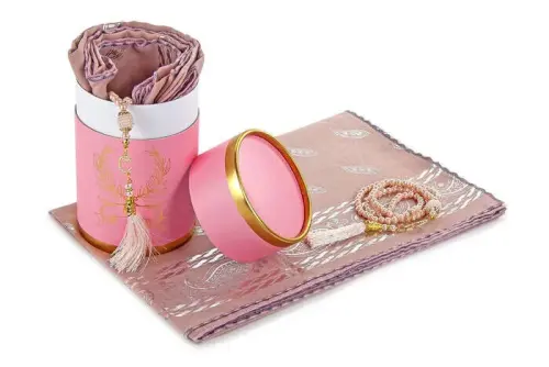 Cylinder BoxEd Mevlid Gift Set - Pearl Rosary - Leaf Cut Fiber Mevlid Covered - Pink Color - İhvan (1)