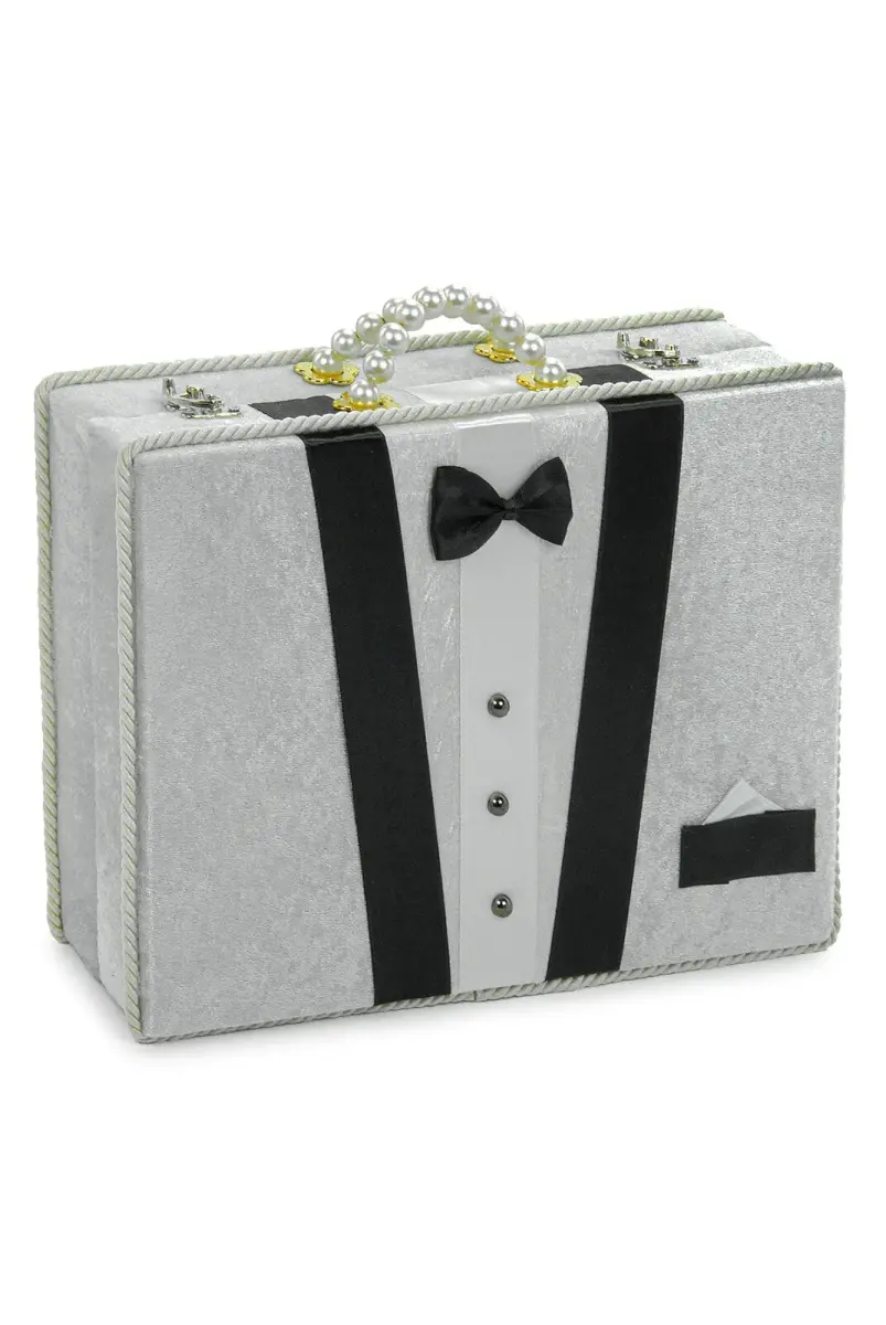 Çeyizlik Damat Bohçası Kutusu Kadife Sandık Gri - 1