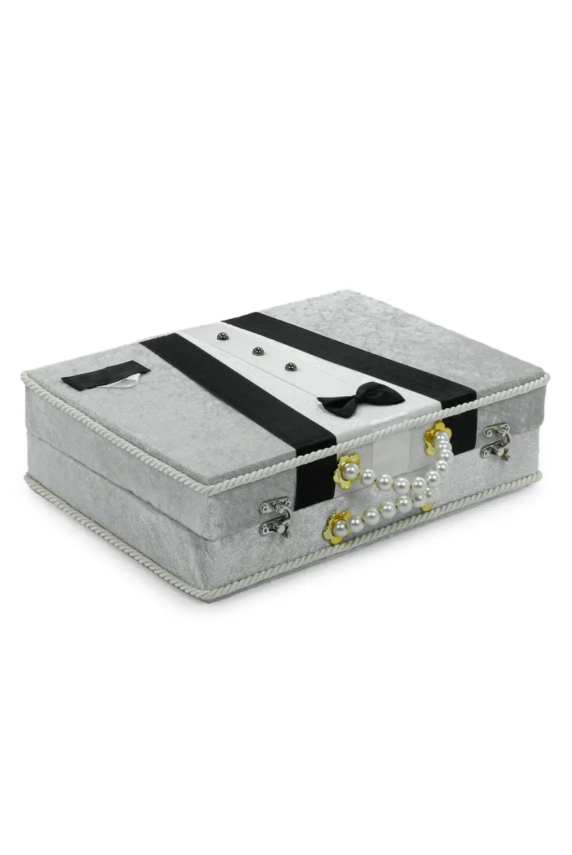Çeyizlik Damat Bohçası Kutusu Kadife Sandık Gri - 2