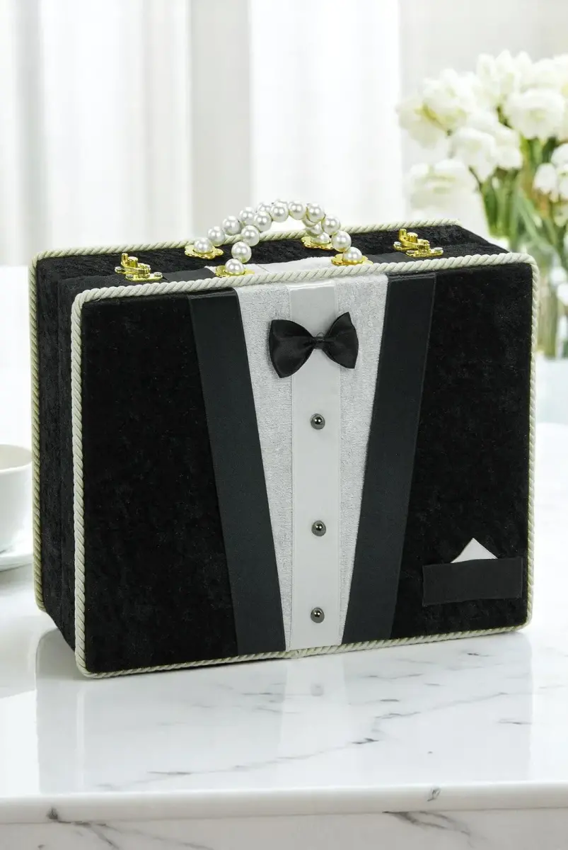 Damat Bohçası İçin Çeyizlik Kadife Sandık Siyah - 1