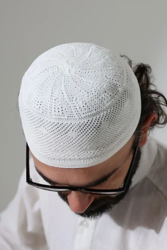 Dantel Detaylı Namaz Takkesi, Makine Örgüsü Takke Beyaz - ihvanonline (1)